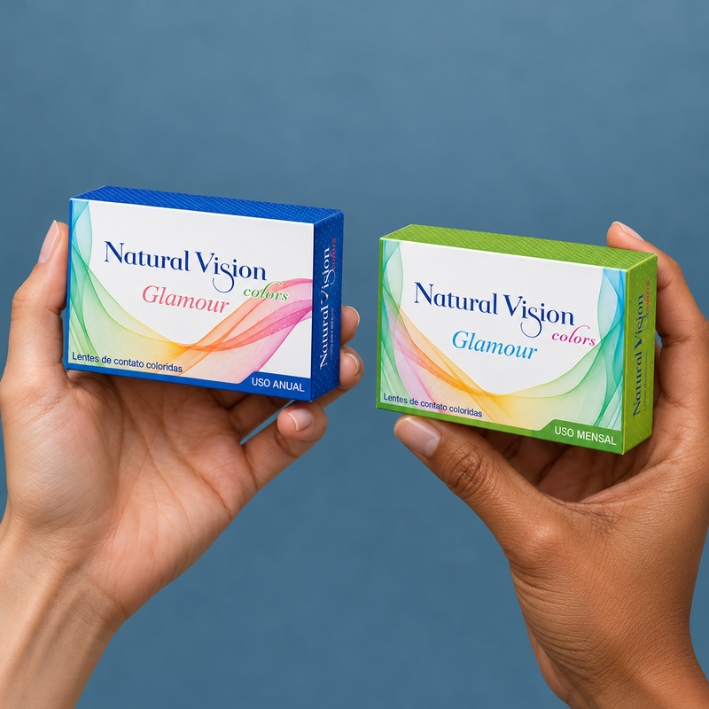 Hands holding glamour contact lens packaging