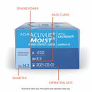 Acuvue 1-Day Moist 30 Pack - illustrative package label guide in English. Power and expiration details are examples, not the supplied prescription or stock expiration.