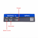 Biofinity box prescription guide showing Power, Diameter and Base Curve
