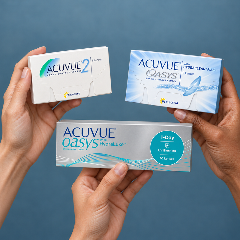 Hands holding acuvue contact lens packaging