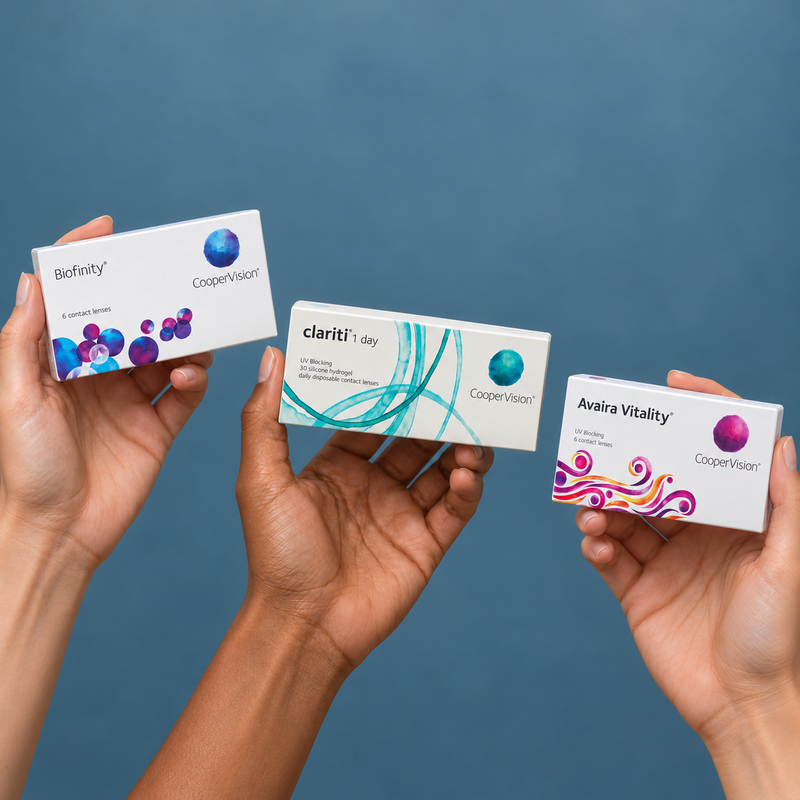 Hands holding coopervision contact lens packaging