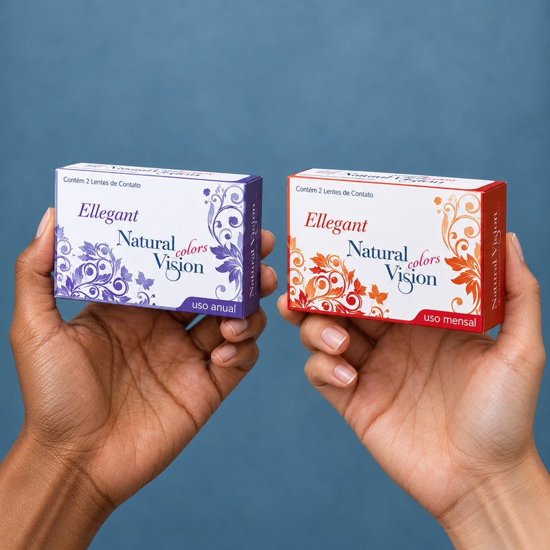 Hands holding ellegant contact lens packaging