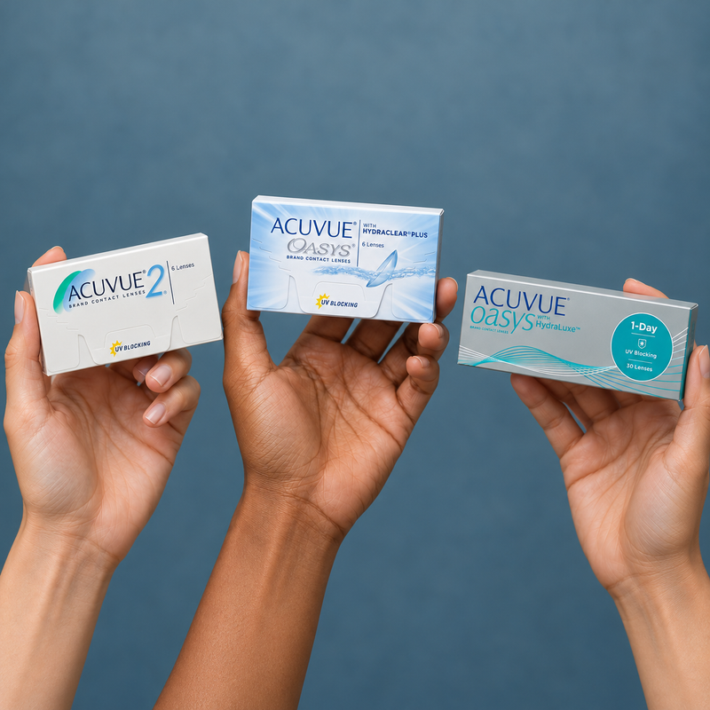 Hands holding johnson johnson contact lens packaging