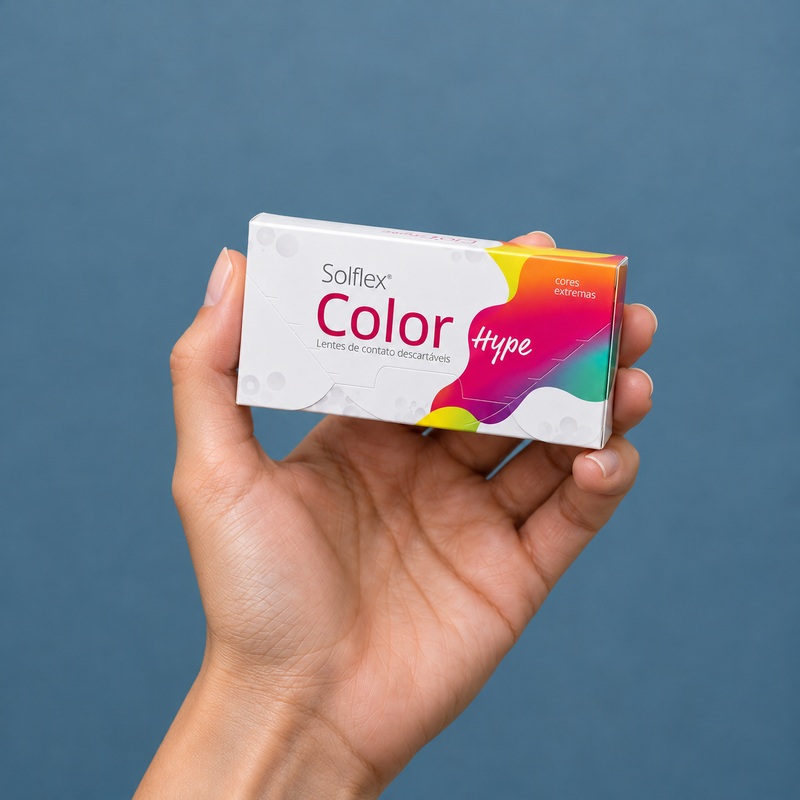 Hands holding solflex color hype contact lens packaging