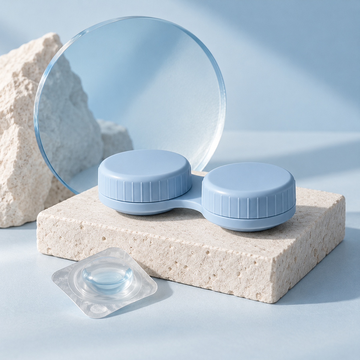 Editorial contact lens accessories — blue