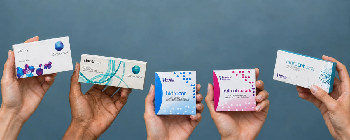 Hands holding Biofinity, clariti 1 day, Hidrocor, Natural Colors and Hidrocor Monthly contact lens boxes