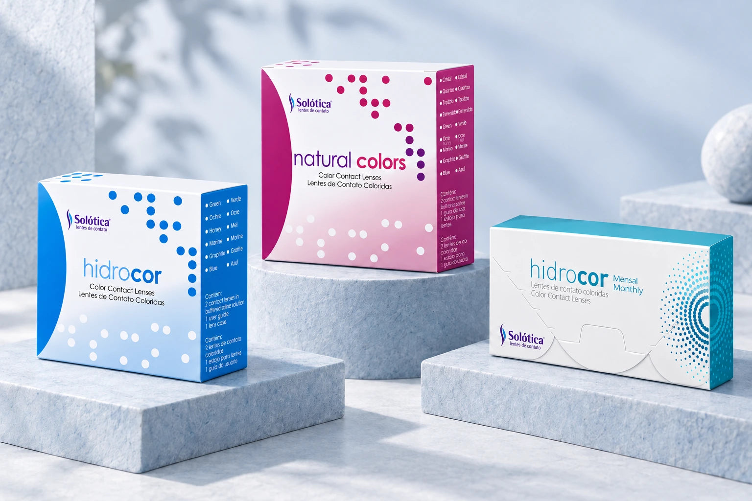 Hidrocor Yearly, Natural Colors and Hidrocor Monthly colored contact lens packaging